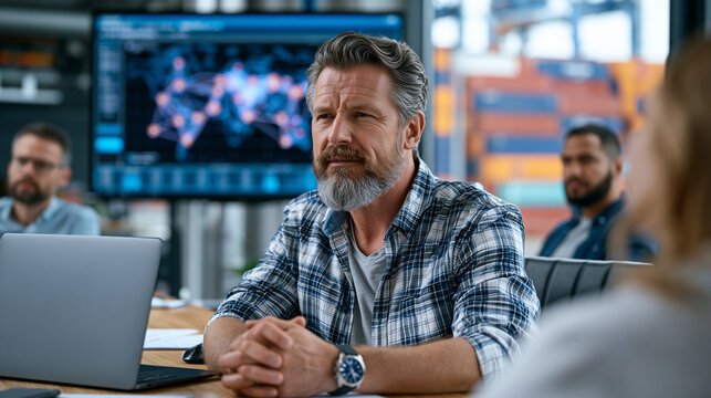 Supply chain disruption analyst presents bottleneck visualization map to operations team at conference room, shipping route data projected on wall showing broken nodes, urgent problem-solving sessio