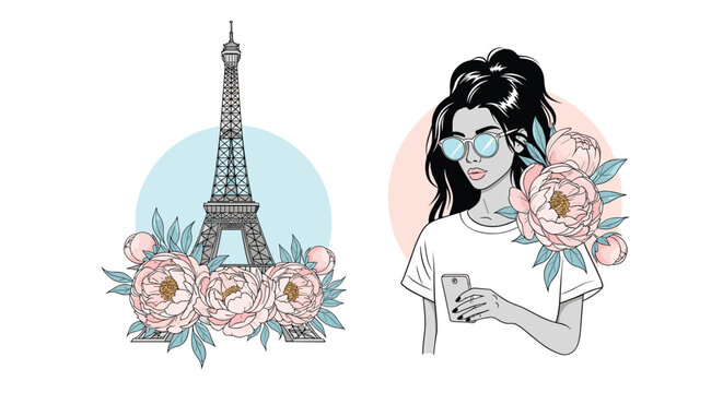 Double illustration of Eiffel Tower and a stylish girl with pink peony flowers in her hair, vector illustration.