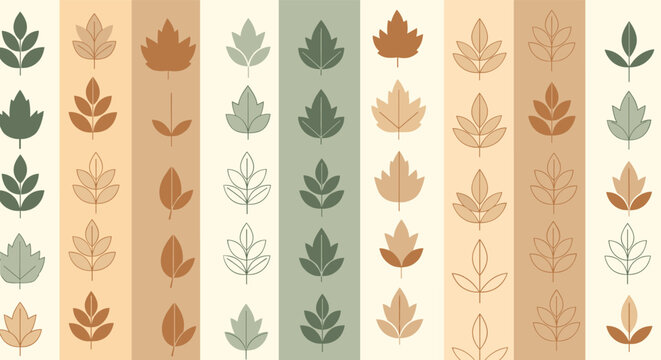 Seamless autumn pattern of vertical stripes featuring various hand drawn fall leaves in warm earthy colors, vector.