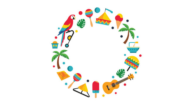 Colorful Mexican fiesta wreath made of guitar maracas parrot palm trees and festive symbols, vector illustration.