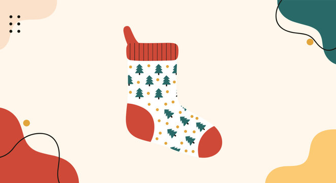 Festive Christmas stocking with pine tree pattern over an abstract organic shape background, vector illustration.