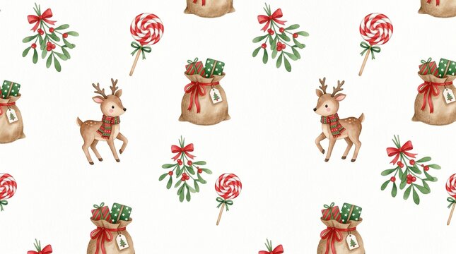 Watercolor New Year ornament with festive deer, holly berries and sweet candy canes. Elegant holiday wallpaper design with traditional Christmas symbols on clean white background. 