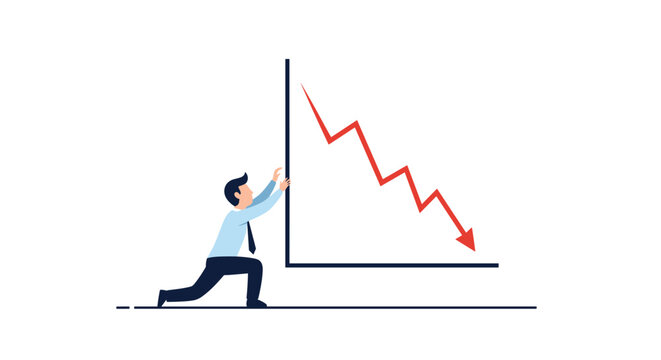 Business man desperately pushing against a falling financial graph to stop the declining economic trend.