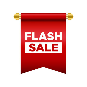 Flash Sale label Red Ribbon Flag Banner Vector. Realistic 3D Scroll Badge with Gold Rod and Chevron Bottom. Limited Time Discount Label for E-commerce, Retail Promotion, and Online Shopping Event