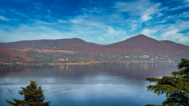 Scenic Panoramic View of Lake Bracciano and Mountains in Italy