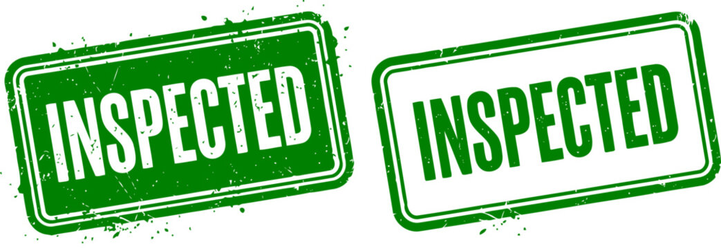 Set of two rectangular green rubber stamps with inspected text in grunge and outline style