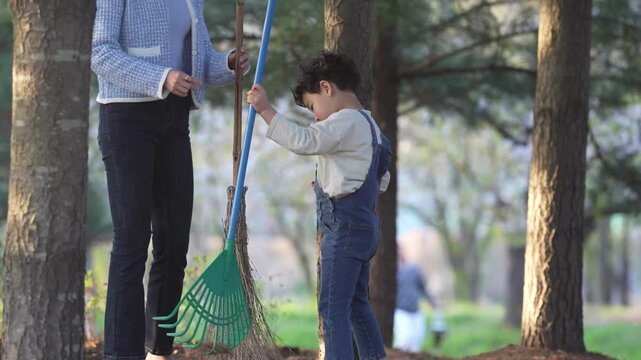 Sunlight filters through tall trees. Woman and child hold brooms together. The child looks up with wonder. Trees stand tall, casting soft shadows. Nature cleanup feels like play