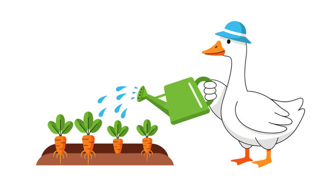 Cute Duck Watering Carrots in Garden