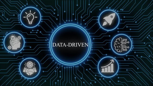 Data-driven business strategy concept with digital circuitry background