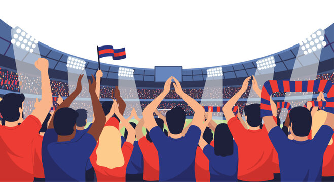 Crowd of excited sports fans cheers and claps in packed stadium with bright floodlights while waving team flags during championship match.