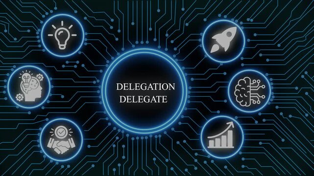 Delegation and business management digital concept with circuit board background
