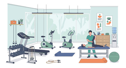 Fototapeta premium Physical therapist assisting patient with leg exercise on massage table in clinic with treadmill and gym equipment.