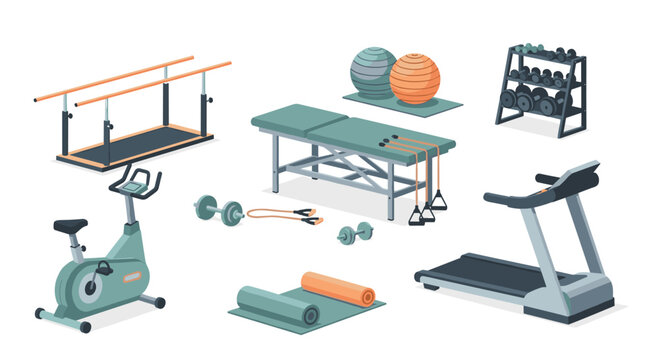 Physical therapy gym equipment collection featuring parallel bars, treadmill, exercise bike, weights, and massage table.