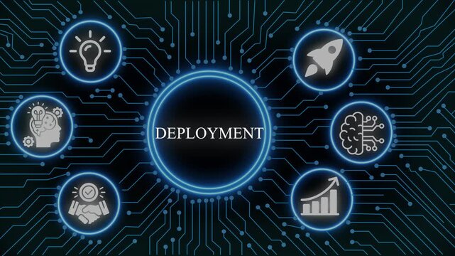 Software deployment concept with digital circuit board background, and tech