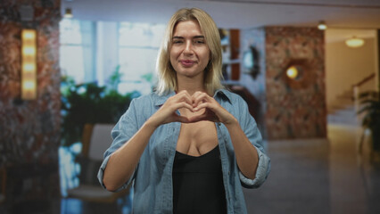 Fototapeta premium Woman forming a heart with both hands showing visible cleavage while smiling in a midcentury building lobby; playful affection.