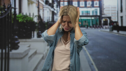 Fototapeta premium Woman covering ears with hands on a city street, denim shirt visible, wincing from headache; anxiety isolation.
