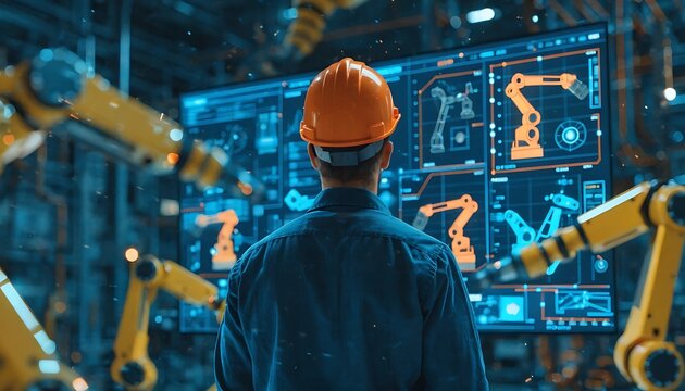 Man wearing an orange hard hat viewed from behind industrial setting with robotic arms dark silhouette construction