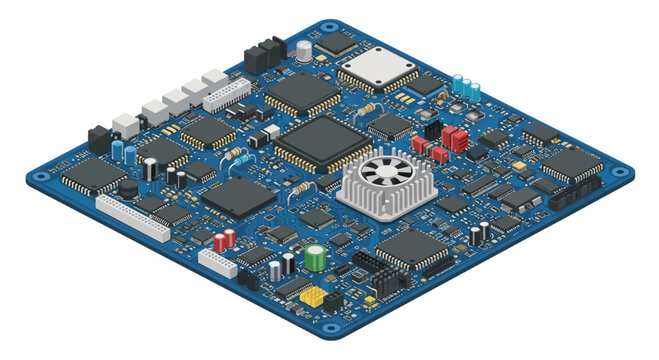 Electronic circuit board featuring central cooling fan heatsink and various microchips on blue PCB substrate for computer hardware engineering.