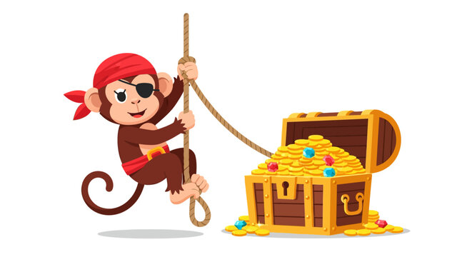 Cute pirate monkey swinging on rope to treasure chest of gold coins with gems