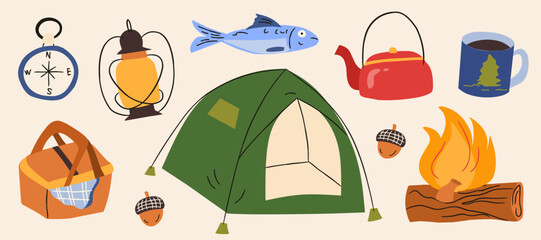 Camping and outdoor adventure equipment flat vector illustration. Tourist green tent with bonfire, lantern, compass, kettle, fish, picnic basket, and mug isolated on warm background. © Sinta Alfa