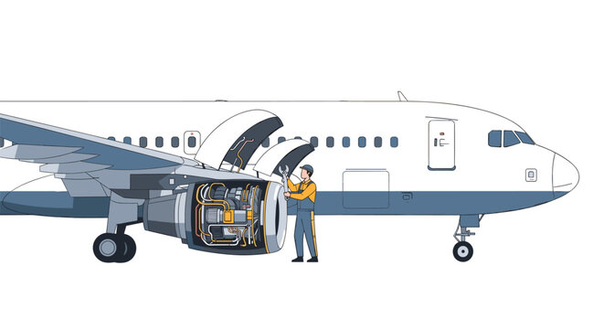 Maintenance worker in orange overalls holding wrench repairing engine of large commercial airplane against plain white background for aviation industry.
