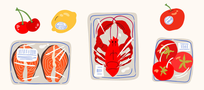 Supermarket packaged fresh food and fruits flat vector illustration. Plastic trays with salmon steaks, whole lobster, tomatoes, with cherry, lemon, apple isolated on off white background.