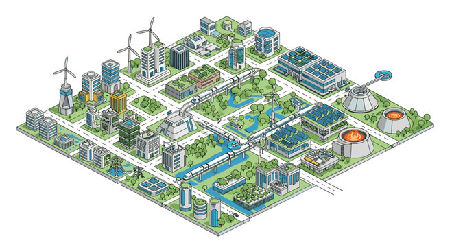 Isometric smart city in line art featuring a central train line, wind turbines, and orange industrial accents for modern urban development.