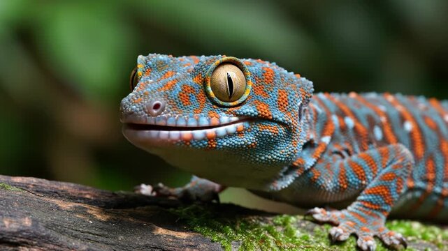 Macro Shot of Tokay Gecko Licking Large Eye Revealing Blue and Orange Scaly Textures