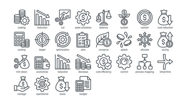 Collection of line icons related to finance and business management concepts