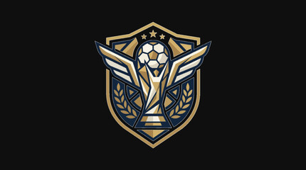 Obraz premium Golden soccer championship trophy crest logo featuring wings laurel wreath and stars on a black background shield