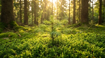 Fototapeta premium Tiny Spruce Seedling in a Mossy Forest Floor with Golden Backlighting