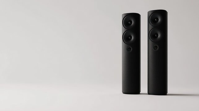 Two black cylindrical speakers stand on a white surface.