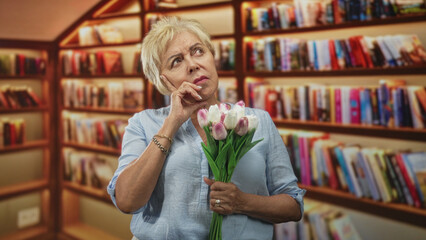Woman senior hispanic holding pink and white tulips, sniffing the bouquet in a bookstore building amid bookshelves and stacked books  nostalgia. © Krakenimages.com