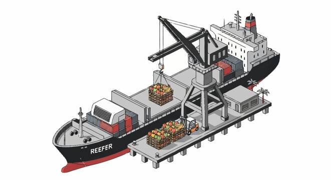 Cargo ship being loaded with goods at a port by a crane.