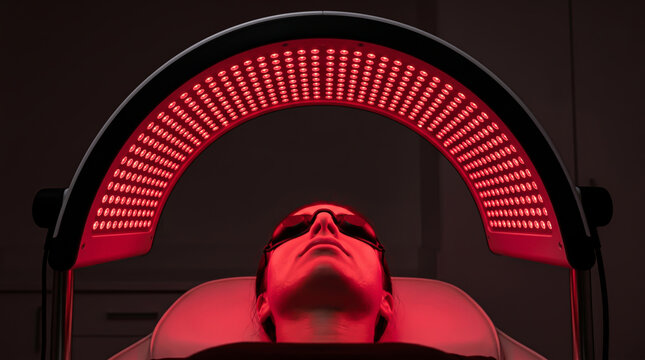 Low angle medium shot of a woman lying under an arched red led light therapy panel for facial skin rejuvenation treatment in a professional aesthetic clinic setting