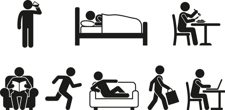 Daily Routine Stick Figure Pictogram Icon Set with People Sleeping Eating Working Exercising and Relaxing Symbols for Lifestyle Graphic Designs