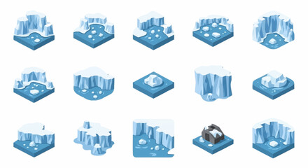 Collection of isometric icebergs and frozen water elements for game design and winter themes. © Rina