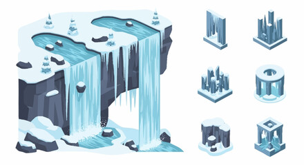 Isometric winter landscape with frozen waterfall and ice formations. © Rina
