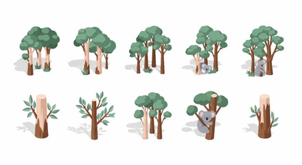 Collection of stylized eucalyptus trees and stumps with koalas, set against a white background. © Rina