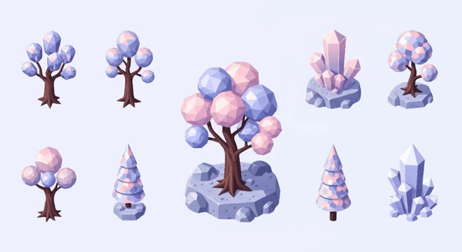 Collection of stylized fantasy trees and crystals in pastel colors, isometric view.