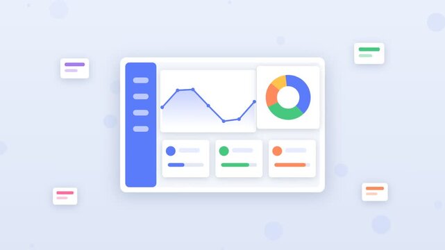 Flat design tablet dashboard with animated charts and metrics