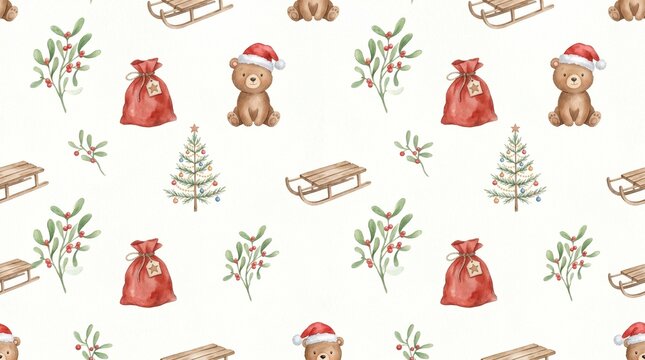 Watercolor Christmas seamless pattern with cute teddy bear and holiday tree. Nursery Christmas pattern with adorable animals and festive decorations for kids textile