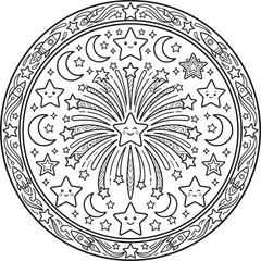 Naklejka premium Beautiful Fireworks and Stars Mandala Circular Pattern Coloring Page