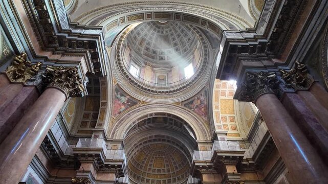 Cinematic Slow Motion View Of The Ornate Dome In Santissima Trinita Dei Pellegrini Church