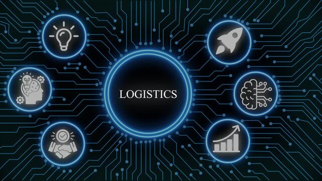 Logistics digital transformation concept with circuit board hud interface