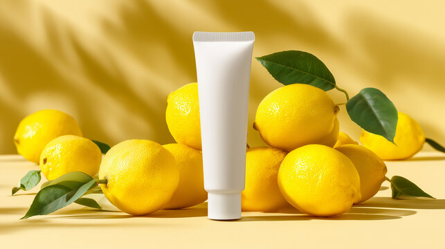 Blank white cosmetic tube with fresh lemons on yellow background