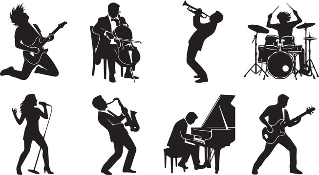 Set of musician silhouettes featuring rock guitarist classical cellist trumpet player drummer female vocalist saxophonist grand pianist and bass player