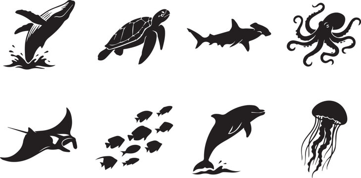 Collection of marine life silhouettes featuring whale sea turtle hammerhead shark octopus manta ray school of fish dolphin and jellyfish