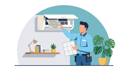 Fototapeta premium HVAC technician cleaning an air conditioner filter in a room with a desk lamp and a potted plant as part of routine climate control maintenance.