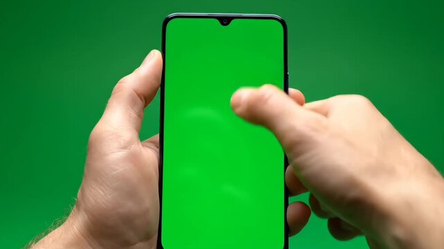 A person holds and touches a smartphone with a green screen.